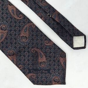 OSCAR DE LA RENTA SILK TIE GREEN COPPER PAISLEY GEOMETRIC SATIN 3.25" X 56"